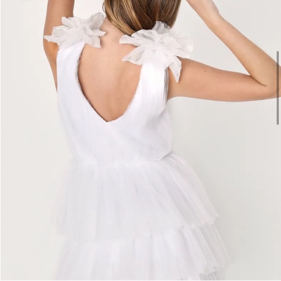 Lulu’s Dramatic Arrival White Tulle Tiered Surplice Mini Dress - Picture 2 of 6
